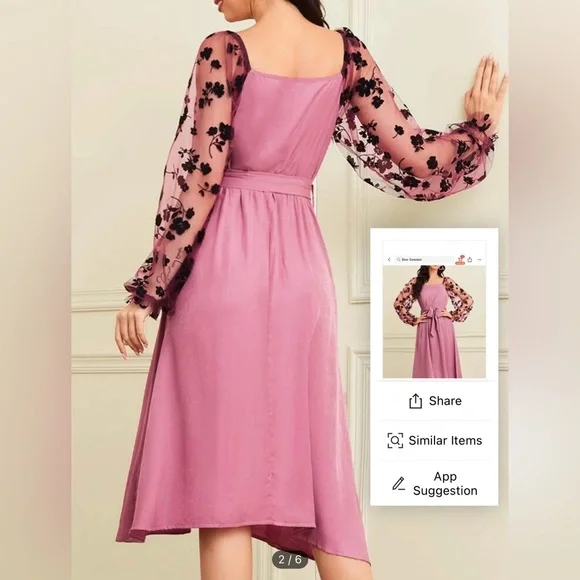 Brand New Floral Print Mesh Bishop Sleeve Belted Dress - Picture 2 of 6